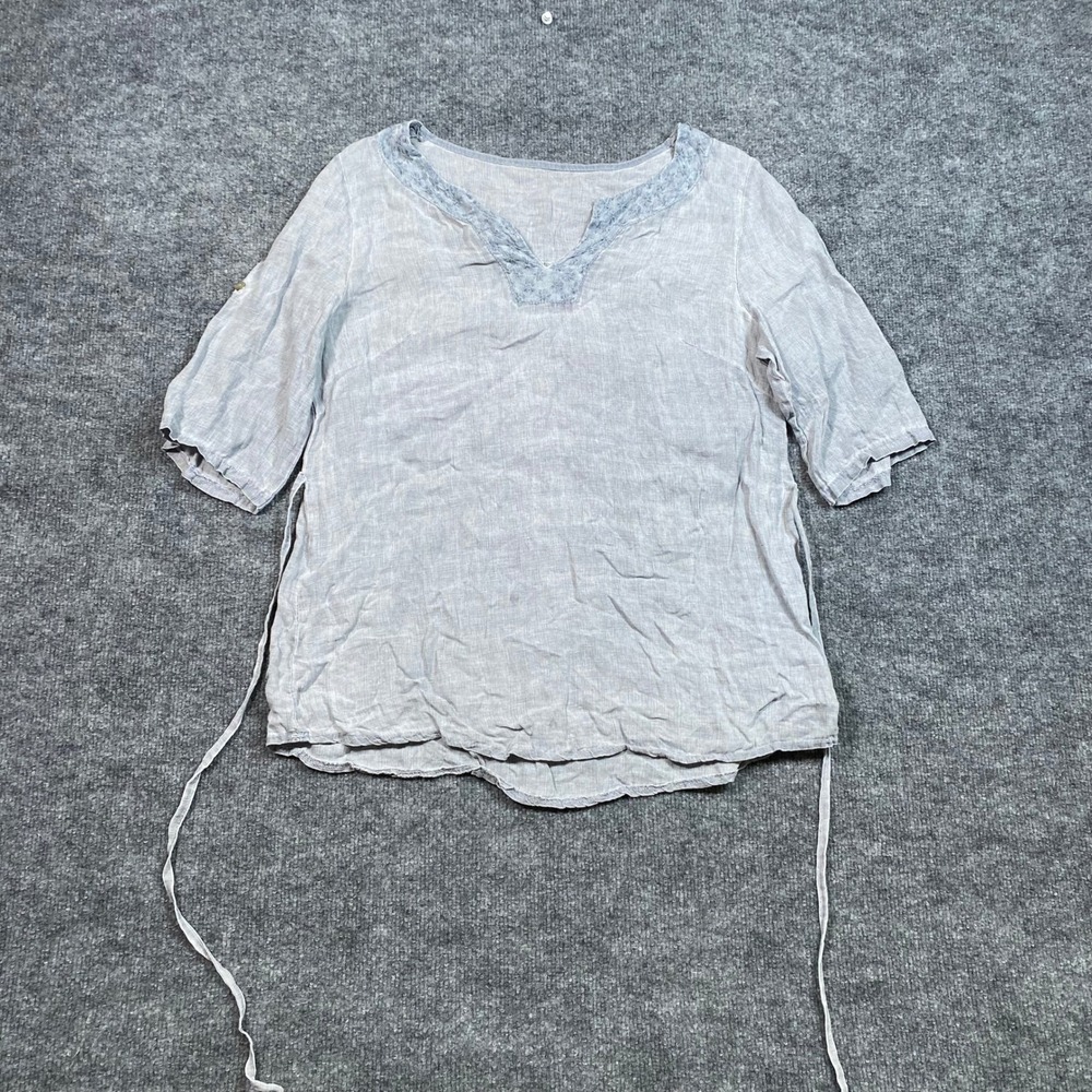 Made in Italy Linen Tunic Top Grey Embroidered V-Neck Side Tie Womens Large